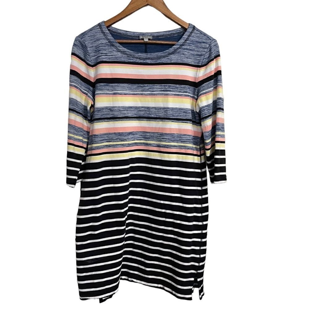 T By Talbots Womens Blue Black Striped 3/4 Sleeve Scoop Knee Length Dress Medium